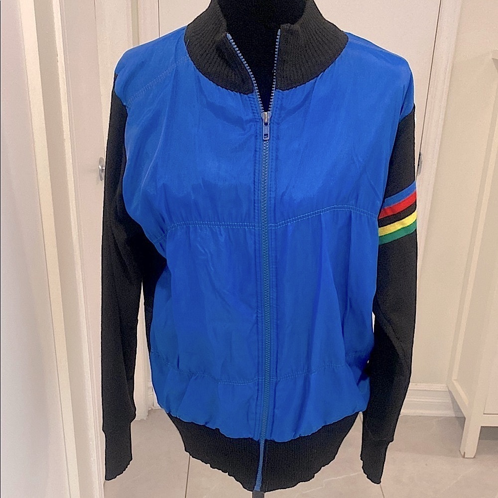 UNISEX long sleeved Blue & Black striped Zip-Up Cycling Jacket Size X-Large